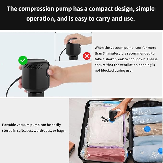 Electric Pump for Vacuum Storage Bags, Air Pump Storage Bags,Portable Vacuum Pump for Various Vacuum Sealer Bags, Suitable for Common Vacuum Bags-Black (No storage bags)