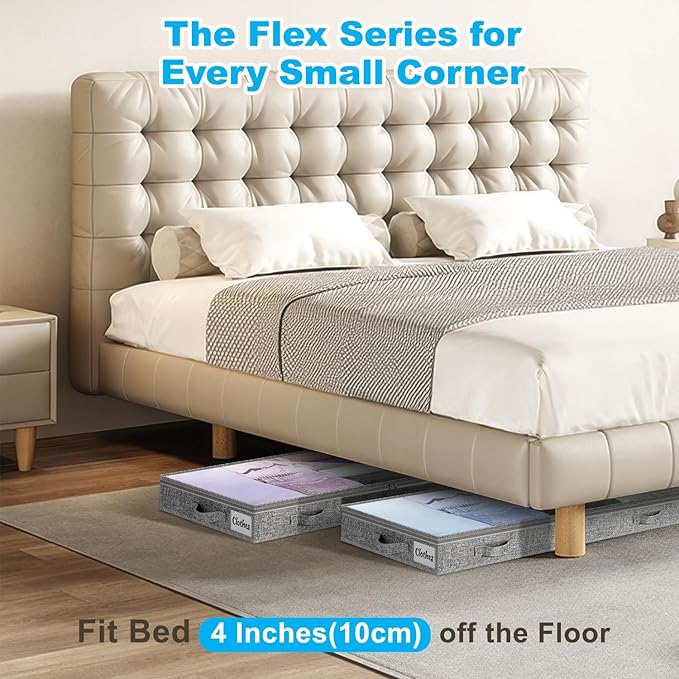 4 Inch Low Profile Under Bed Storage Drawer 2 Pack, Lightweight Underbed Clothes Storage Container Bins with NO STURCTURE, Shallow Storage Bag for Dorm & Home, With Clear Lids & Water-Resistant Fabric