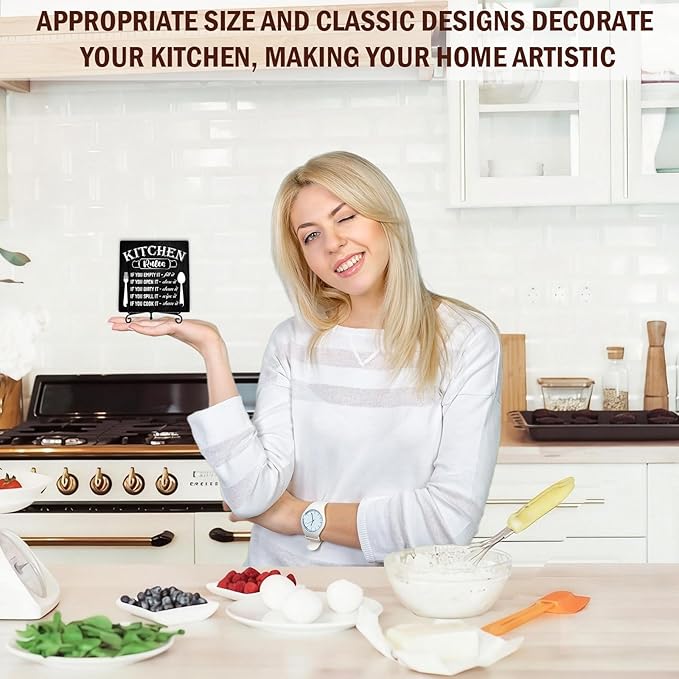DETIHO Funny Kitchen Decor, Rustic Kitchen Decorations Wood Sign with Iron Stand, Black Wooden Box Sign for Home Dining Room - G05