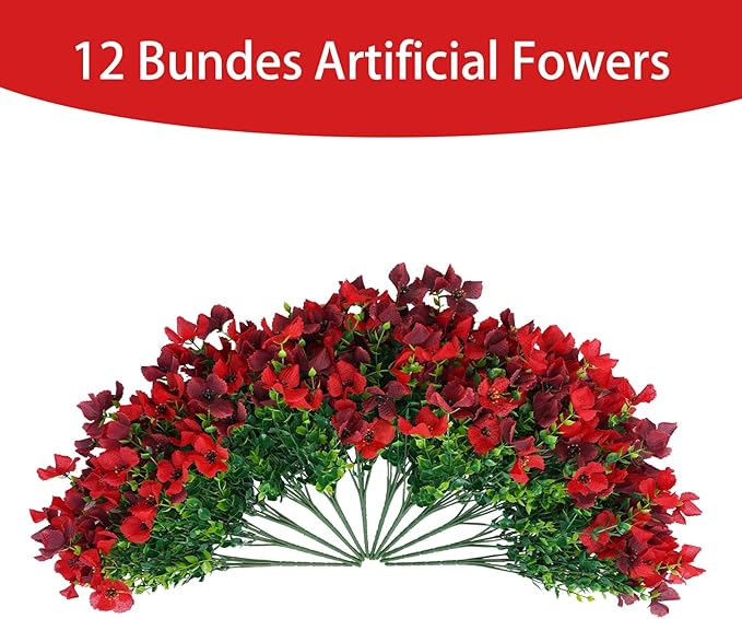 Artificial Faux Plants Flowers Outdoor Spring Summer Decoration, 12 Bundles Fake Silk Colorful Daisy Eucalyptus Realistic UV Resistant for Outside Home Planter Porch Patio Yard Decor (Red Brown)