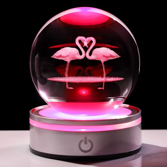 Movdyka Flamingo Gifts for Women Men 3D Crystal Ball with Colorful Light Base, Laser Engraved Flamingo Decor Glasses Snow Globe Crafts Gifts for Her Wife on Valentine's Day Birthday- 3.15"/8CM