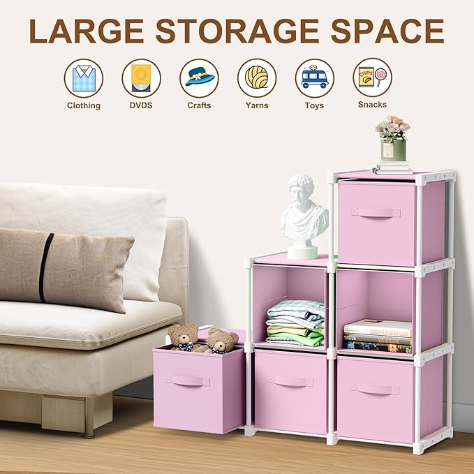 6 Cube Storage Organizer with Shelf Back to School Boxes 11 Inch Toy Storage Bins Closet Organizers Drawers Fabric Dresser for Playroom Books Bedroom Dorm Kitchen (Macaroon Pink)