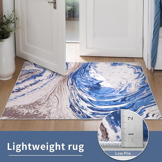 Ciicool Abstract Area Rug Indoor, 5x7 Swirl Washable Entryway Rug, Modern Soft Throw Entry Rug with Non-Slip Backing for Bedroom Living Room Entrance Kitchen, Low-Pile Floor Carpet Doormat Blue Brown