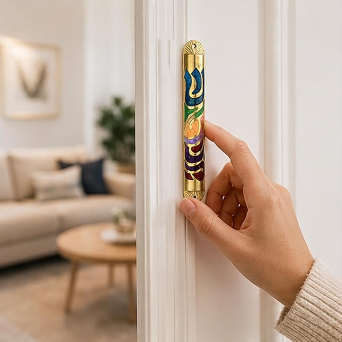 Matashi Gold Hand Painted Multi Color Enamel 6 inch Mezuzah Embellished with Hebrew Shin Home Door Wall Decor Home Décor Jewish Holiday Housewarming Present House Blessing Gift for Holiday Festival
