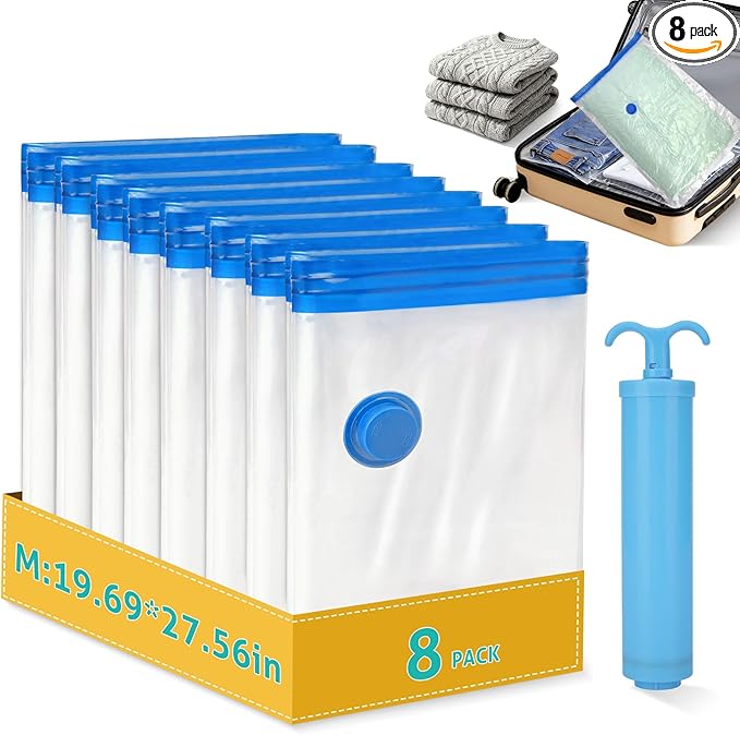 8 Pack Medium Travel Vacuum Storage Bags, Portable Vacuum Seal Bags for Clothing Travel with Pump, Space Saver Bag for Luggage Suitcases Clothes Bedding Seasonal Storage