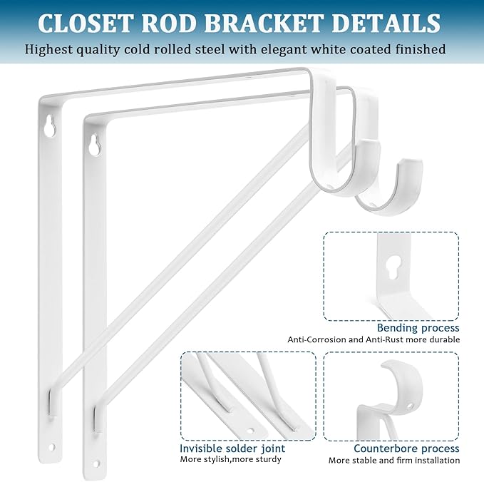 4PCS Heavy Duty White Closet Rod Brackets 11 x 11 Inch,1-3/8Inch Diameter Shelf and Rod Bracket Holder for Home and Closet Decor, Wall Mount Closet Pole Supports Bracket Hook with Screws