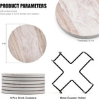 Hoewina 6Pcs Drink Coasters with Holder, Marble Style Ceramic Drink Coaster, Absorbent Coasters Set Suitable for Kinds of Cups, Modern Style Coasters for Coffee Table, 4 Inches（Natural）