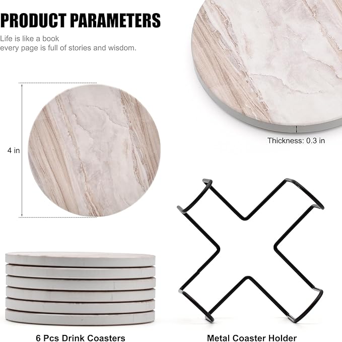 Hoewina 6Pcs Drink Coasters with Holder, Marble Style Ceramic Drink Coaster, Absorbent Coasters Set Suitable for Kinds of Cups, Modern Style Coasters for Coffee Table, 4 Inches（Natural）
