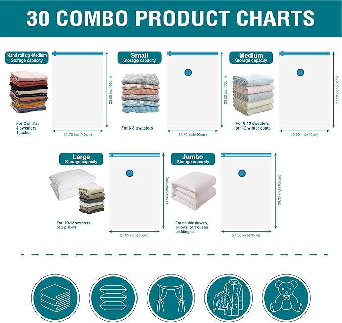 Cozy Essential Vacuum Storage Bags, Compression Space Saver Bags for Clothes, Comforters, Blankets, Pillow, Bedding, Sealer Clothing Storage,30 Combo