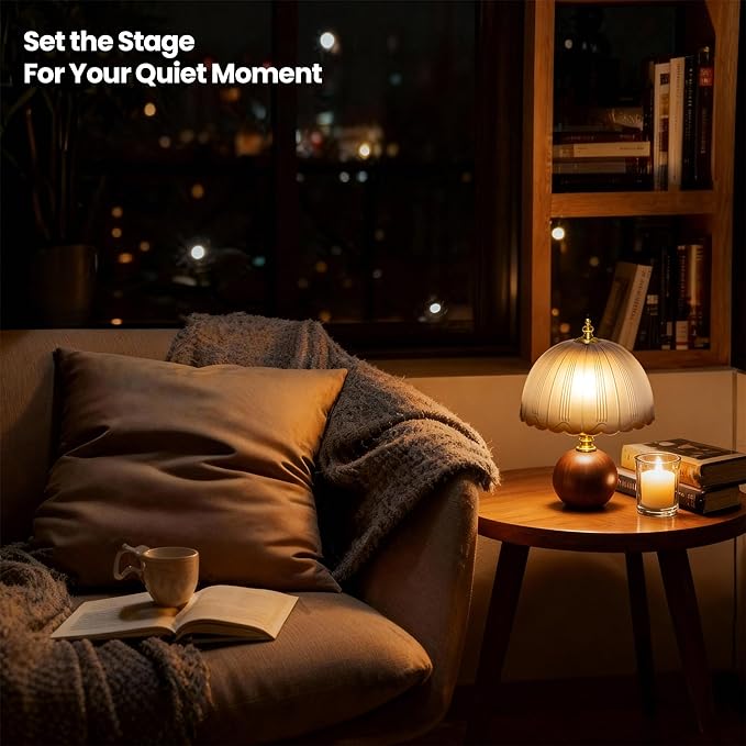 11.8" Decorative Wooden Table Lamp with Frosted Glass Shade, Dimmable Bedside Nightstand Lamp with E26 Socket & 6ft Cord, Small Accent Lamp for Bedroom & Living Room (Gradient)