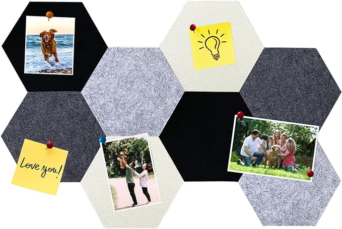 8Pcs Hexagon Felt Cork Board Tiles, Self Adhesive DIY Bulletin Board Pin Board for Office School Home Wall Decor Stickers Memos Photos Display (Gradual Grey)