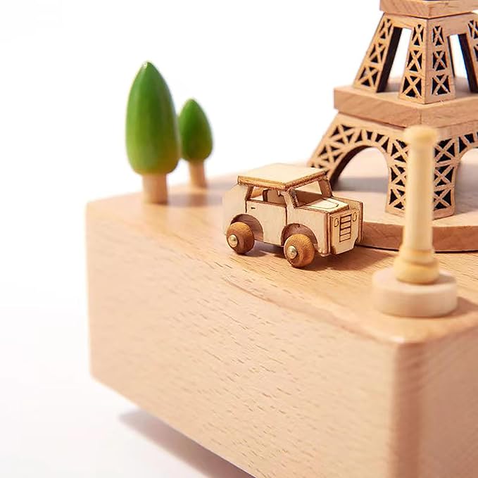 Natural Solid Wood Handcrafted Beech Wooden, Musical FigureTotoro/Carousel/Fairy/Ballerina Figurine,Rotating Hand Crank Mechanism Music Box,Musical Decorations (Eiffel Tower)