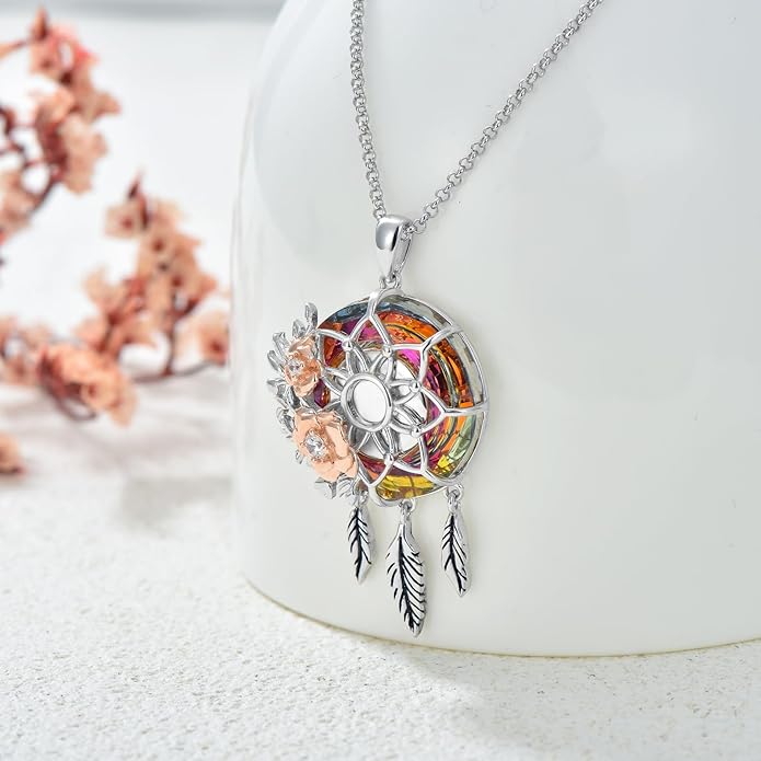 Dream Catcher Crystal Pendant Flower Urn Necklace Jewelry 925 Sterling Silver Keepsake Cremation Necklaces for Human Pet Ashes for Women