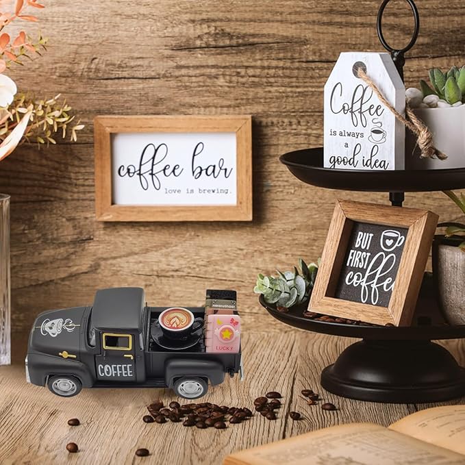 Coffee Bar Decor Vintage Mini Metal Pickup Truck Decor with Book Accessories for Coffee Station, Farmhouse Tiered Tray Tabletop Decorations for Home Kitchen, Office, Cafe