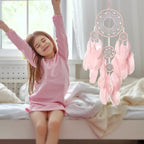 Pink Dream Catcher Wall Decor Handmade Feathers Dreamcatcher Wall Hanging Ornament Room Decor Craft Blessing Gift for Kids Boys Girls (Pink, No Light)