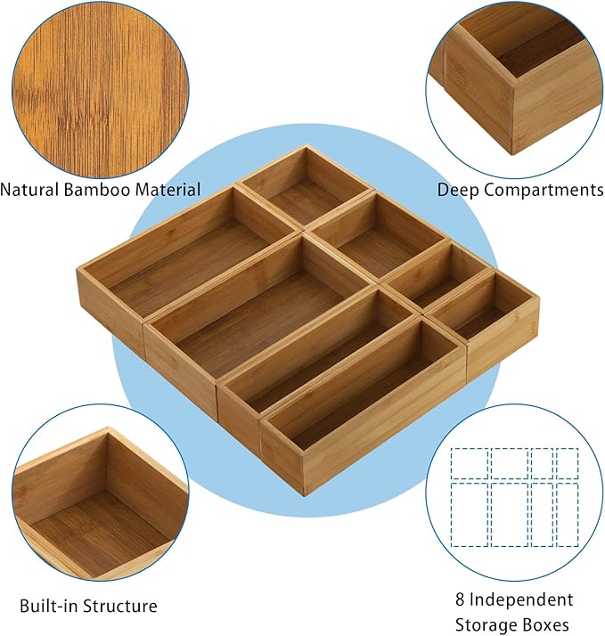 Lawei 8 Pieces Bamboo Drawer Organizer Boxes, Stackable Drawer Organizer Storage Tray 4-Size, Versatile Dividers Cutlery Holders Bins Containers for Kitchen, Bathroom, Office Desk, Makeup, Jewelry