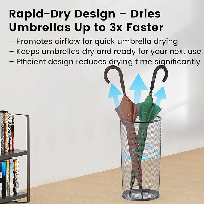 19.5" H Mesh Umbrella Stand - Ventilated Mesh Umbrella Holder for Entryway - Extra Capacity Storage for Umbrellas Canes & More - Freestanding Indoor Organizer 10.4" L x 10.4" W x 19.5" H - 2P Black