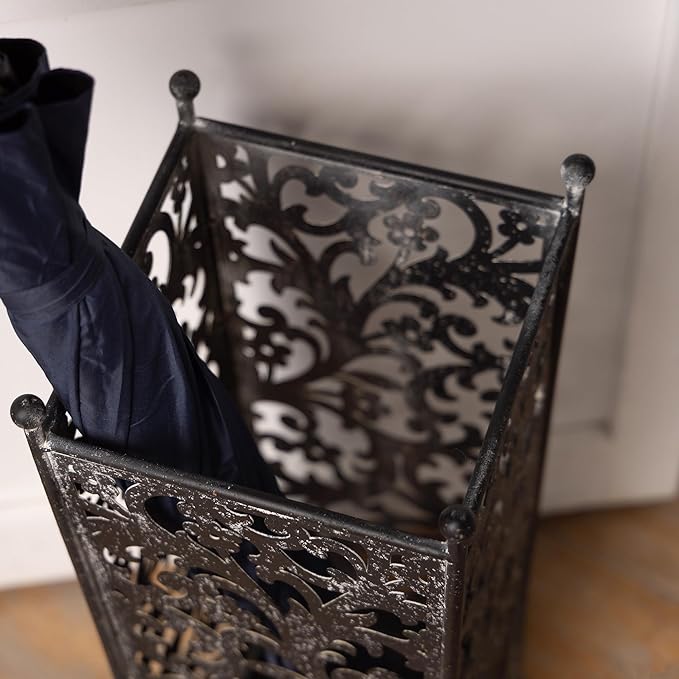 Vintage Metal Distressed Black Umbrella Holder 20"H Square Umbrella Stands with Removable Drip Tray Entryway Organizer Bucket for Foyer/Porch - Holds Multiple Umbrellas, Walking Sticks & Canes