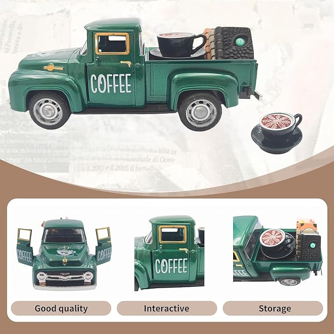 Vintage Mini Metal Pickup Truck with The Coffee Decor and The 4 Books,for Home Farmhouse Kitchen Decor & Coffee Decorations (Coffee-Green)