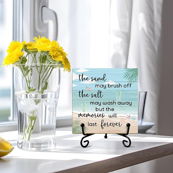 Beach Wooden Sign Desk Decor Wood Plaque with Support Stand, Coastal Decor Beach Summer Decorations for Home Office Porch Beachy Room Shelf Desk Accessories, Summer Vacation Gifts for Women -13