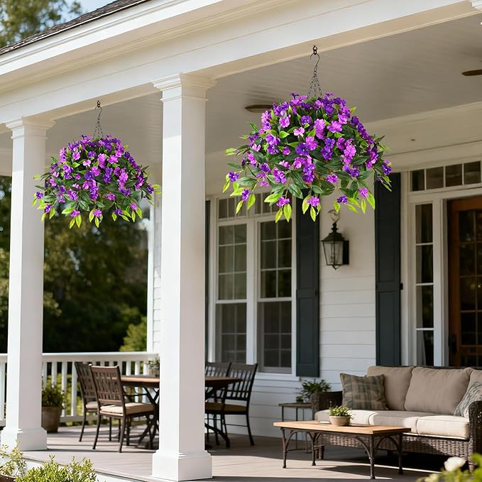 Artificial Fake Hanging Flowers Plants Basket for Outdoors Outside Decoration UV Resistant Faux Silk Flowers Look Real Plastic Flowers for Spring Planters Home Porch Patio Garden Decor(purple)
