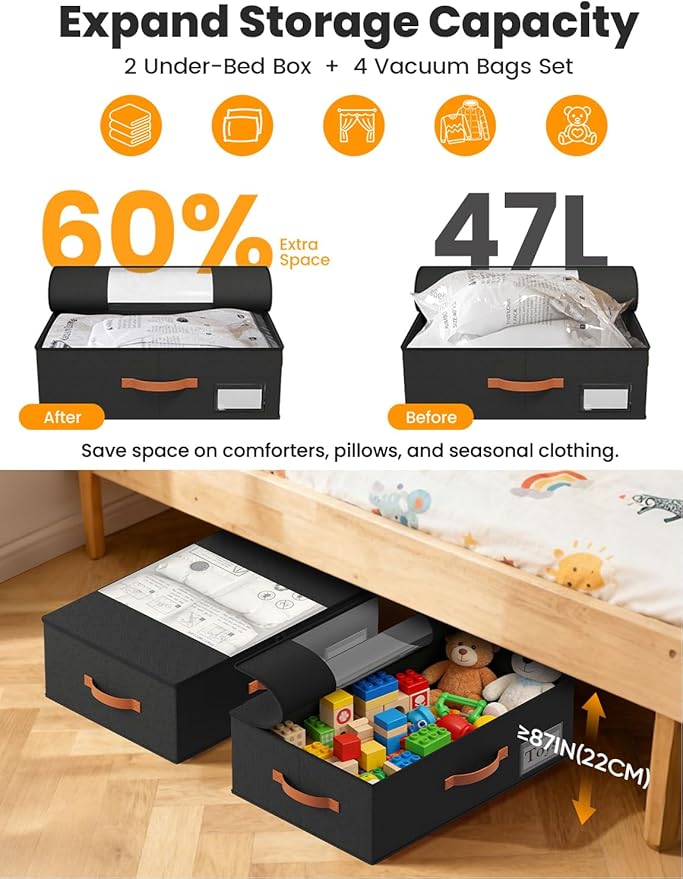 TOSKING 2-Pack Under Bed Storage Bins with Wheels and 4 Vacuum Seal Bags, Heavy Duty 80lbs Capacity,7.9"Height Clear Lid Organizer for Dorm Bedroom Clothes Shoes Toys, Quick Assembly Space Saver Black