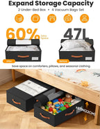 TOSKING 2-Pack Under Bed Storage Bins with Wheels and 4 Vacuum Seal Bags, Heavy Duty 80lbs Capacity,7.9"Height Clear Lid Organizer for Dorm Bedroom Clothes Shoes Toys, Quick Assembly Space Saver Black