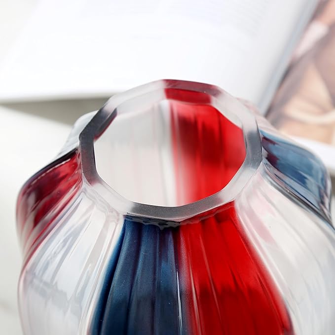 4th of July Decorations Christmas Glass Vase for Flowers Red White and Blue Modern Vase Bouquet 8.0" Patriotic Deco Fourth of July Decorations for Home Centerpieces,Holiday Party,Office