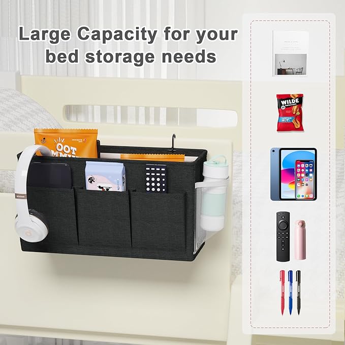Edudif Dual-purpose Bedside Caddy Bedside Organizer, Bed Caddy with 6 Pockets, Versatile Bedside Storage Solution Magazine Remotes holder, ideal for Home, Dorm, Hospital, Crib Bed