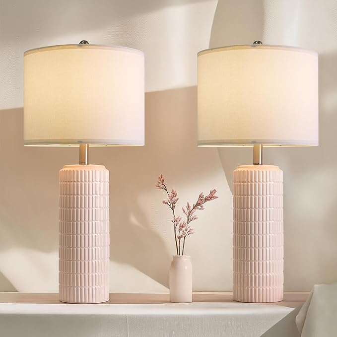 PoKat 27.5" Pink Ceramic Table Lamps for Girls Room Set of 2, Modern Bedroom Lamps, Bedside Lamps for Night Stands Living Room, Cute Lamps Pink Decor, Nightstands Desk Nursery