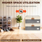 2 Pack Shoe Organizer for Closet, Adjustable Shoe Box Storage Containers, Large Foldable Shoe Bins with Clear Cover, Space Saving Shoes Holder with 4 Handles, Fits 24-48 Pairs, Beige