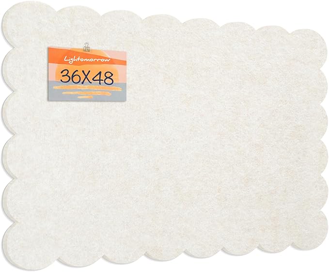 Lightomorrow Scalloped Bulletin Board, 48 x 36 Inches Felt Pin Board - Decorative Cork Alternative for Wall, Foldable Picture Self-Adhesive Vision Prayer Board with 20 Pushpins - Oatmeal