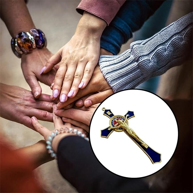Bovemee Saint Benedict Benedictine Red Enamel 4.7X2.7 Inch Protection Wall Crucifix Cross Catholic San Benito Medalla Prayer Decoration (Blue)