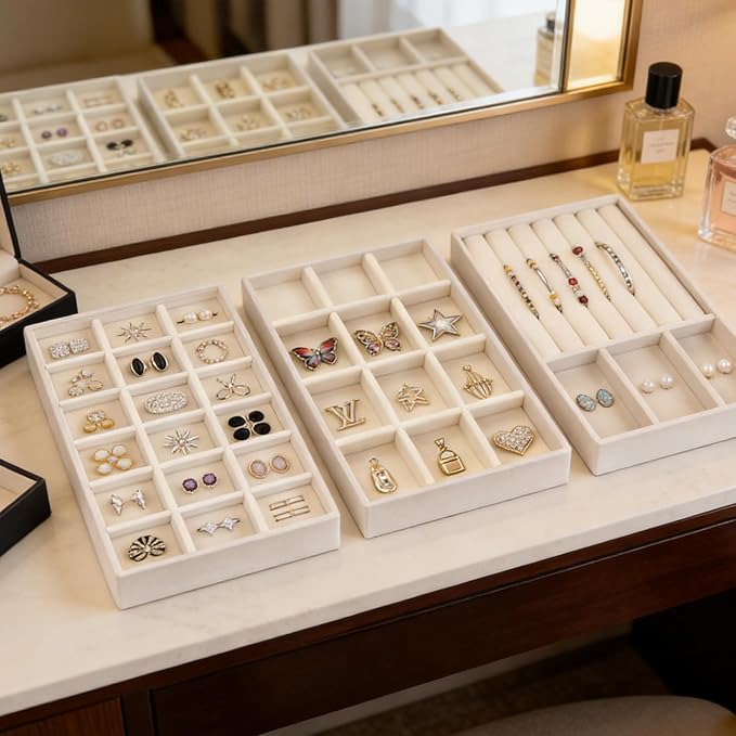6 Pcs Velvet Jewelry Tray, Stackable Jewelry Organizer, Necklace Bracelet Display Tray, Jewelry Storage Inserts Set for Dresser & Vanity(6)