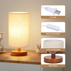 Fenmzee Small Table Lamp for Bedroom - Inline Control, Bedside Lamp with 3000K A15 LED Blub, Easy Assembly (Beige Shade - Walnut Base, 9" Inline Control)