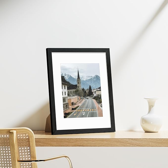 Vittanly 11x14 Picture Frames Set of 9, Display 8x10 Pictures with Mat or 11x14 without Mat, Photo Frames for Wall or Tabletop with Plexiglass, Engineered Wood, Black&Brown&Distressed White