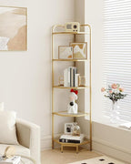 Hzuaneri Corner Shelf Stand, 5-Tier Glass Bookshelf Bookcase, Bathroom Organizer, Plant Stand, Steel Frame, Tempered Glass, Modern Style for Living Room, Bathroom, Kitchen, Golden CS90200G