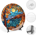 Stained Glass Design Fall Maple Tree Night Decorative Plates Home Decor Ceramic Plates, Fall Season Dinner Plates Display for Living Room, Kitchen, Gifts for Thanksgiving, 7 Inch