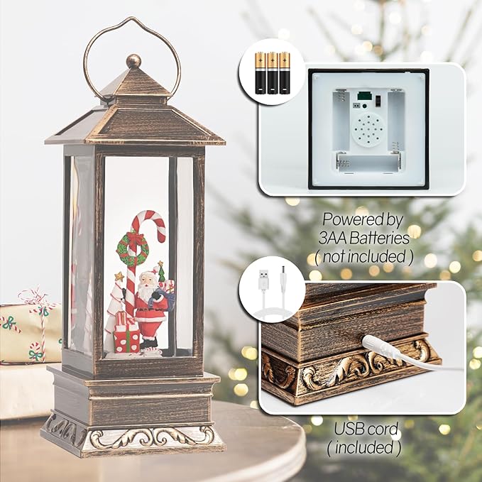 12" Christmas Snow Globe Lantern with Santa Claus - Water Glittering LED Light Lantern with Music - Vintage Xmas Angle Gift - USB Plug or Battery Operated Home Decor