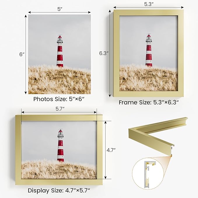 5x6 Aluminum Metal Picture Frame,Tempered Glass Gold Photo Frame 5x6 for Family Photo,Posters,Art,Document to Wall Mount Horizontally or Vertically