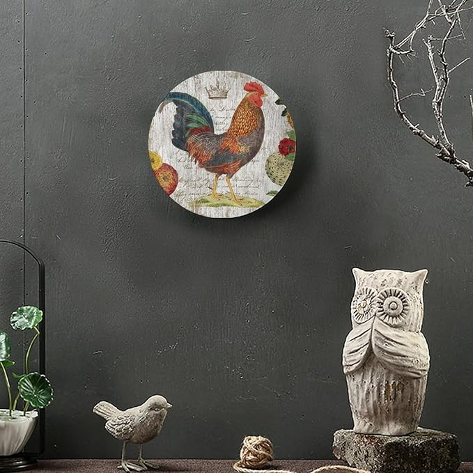 Rooster Decorative Ceramic Plates, 8 Inch, Crown Chicken In Flowers Round Display Plate, Decorative Plates with Stand, for Home Kitchen Bedroom Decorative Ornaments