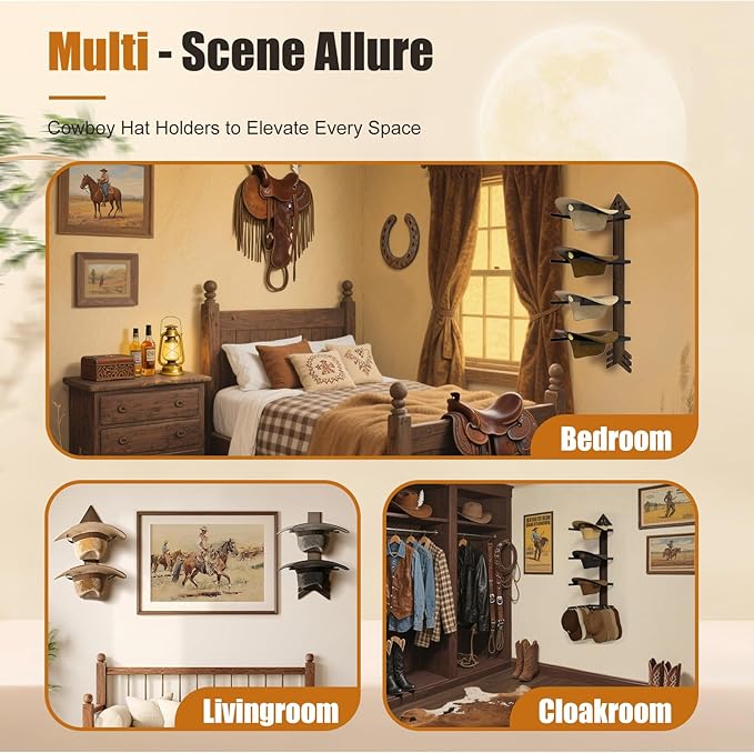 Cowboy Hat Rack -Cowboy hat holder for wall With Heavy- Organize and Display Your Hats with Ease, Wall Mounted Hat Hanger Western Decor for Cowgirl Hats- Ideal Western Decor