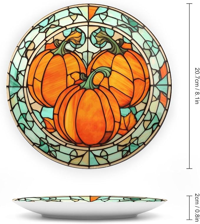 Decorative Plates, Stained Glass Watercolor Pumpkin Ceramic Dinner Plate Home Wobble-Plate with Display Stand, Autumn Wall Hanging Decor for Living Dining Room Kitchen Household 8 Inch