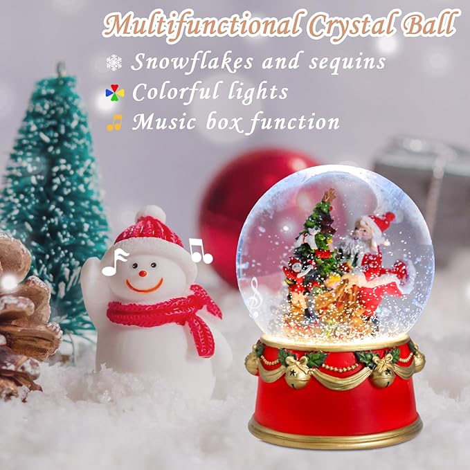 Christmas Snow Globe Musical Santa Claus with Presents Xmas Tree Red Water Snow Globes LED Light Change Music Box Home Christmas Decor for Kids Santa Snow Globes