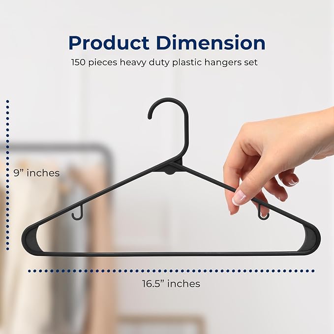 SereneLife 150-Piece Plastic Hangers Black – Heavy Duty Non-Slip Clothes Hanger Set, Durable Slim Space-Saving Closet Organizers for Coats Shirts and Dresses, 5.5 lbs Weight Capacity Each