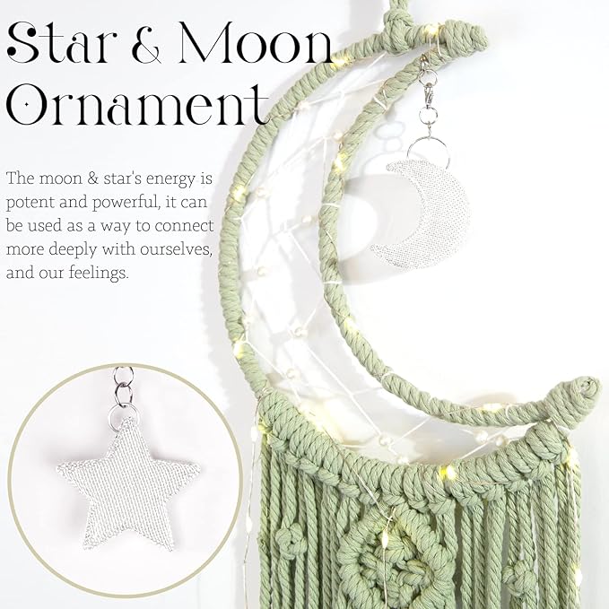 Macrame Moon Dream Catcher for Girl, Green Boho Crescent Dreamcatcher for Bedroom Adult, Handmade Nursery Room Wall Hanging with Star Pendant for Teen, Bohemian Home Decoration Idea