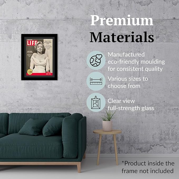 Creative Picture Frames 10.5 x 14 Magazine Frame with Full-Strength Glass, Holds Up To A 1/4" Thick Media with Installed Hangers for Easy Mounting, 12x16 Manhattan Black Frame with Black Mat