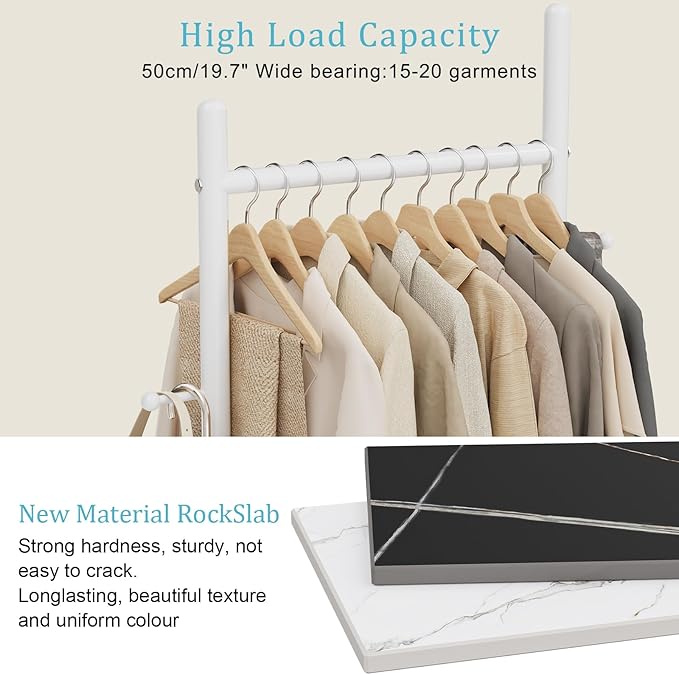 Nianerfaya Coat Rack with 2 Hooks, Standing Garment Storage for Indoor - Coat Tree for Hanging Clothes for Bedroom - 19.7" Wide Heavy Duty Clothe Rack Metal Clothing Hanger Rack (White)