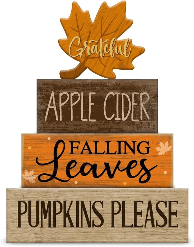 Moucuny 4 Pcs Fall Decoration for Home Wooden Maple Leaf Thanksgiving Table Centerpiece Rustic Thanksgiving Tiered Tray Decor Decorative Maple Leaf Block Signs Farmhouse Autumn Decor for Kitchen