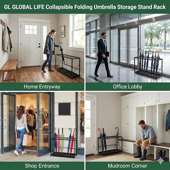 Folding Umbrella Storage Stand Rack Holder Organizer Free Standing Industrial Umbrella Rack for Entryway Home Commercial Office Hotel Entry Hallway Patio Décor with Removable Drip Tray